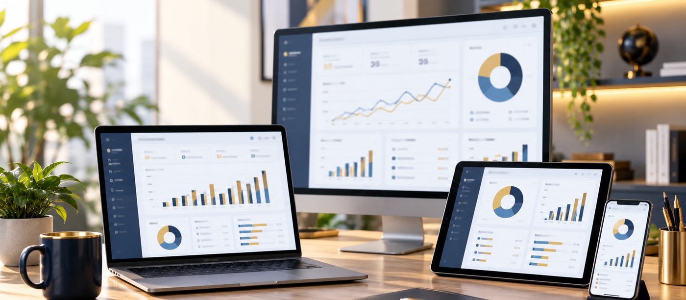 Dashboard financeiro visualizado em múltiplos dispositivos